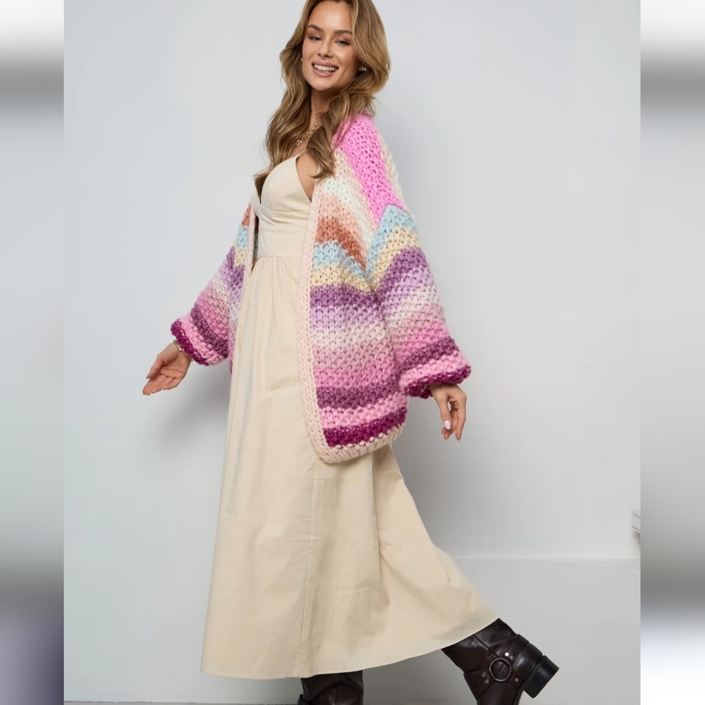 Anthropologie Mayflower Chunky Crochet Cardigan In Pink Pastel One Size NIP$250